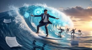 Photorealistic image of a lawyer in a complete formal suit and tie, successfully surfing a giant glowing digital wave made of binary code and AI symbols. Behind him, other lawyers in suits are wiping out and falling off smaller waves. The ocean is made of legal documents and contracts. Dramatic action shot, water splashing, sunset colors, ultra detailed 8K, cinematic composition, metaphorical business photography.