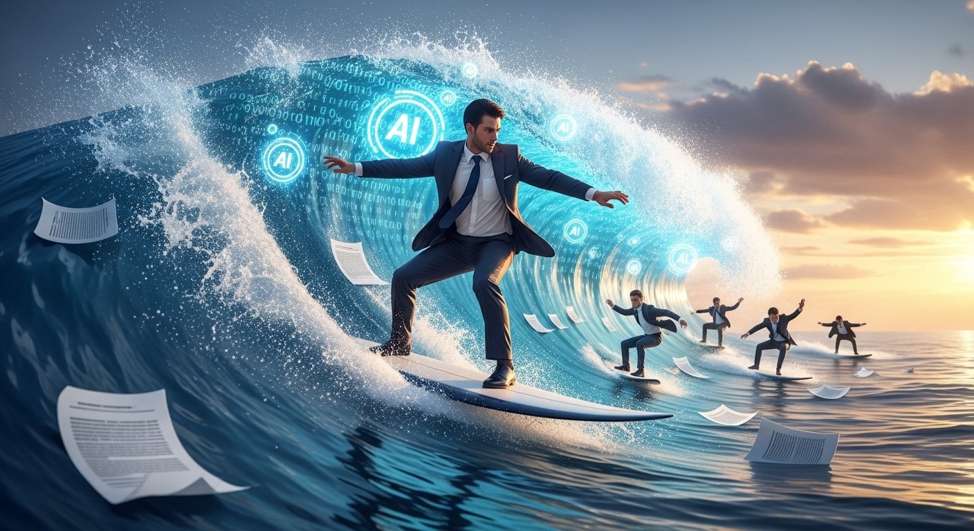 Photorealistic image of a lawyer in a complete formal suit and tie, successfully surfing a giant glowing digital wave made of binary code and AI symbols. Behind him, other lawyers in suits are wiping out and falling off smaller waves. The ocean is made of legal documents and contracts. Dramatic action shot, water splashing, sunset colors, ultra detailed 8K, cinematic composition, metaphorical business photography.