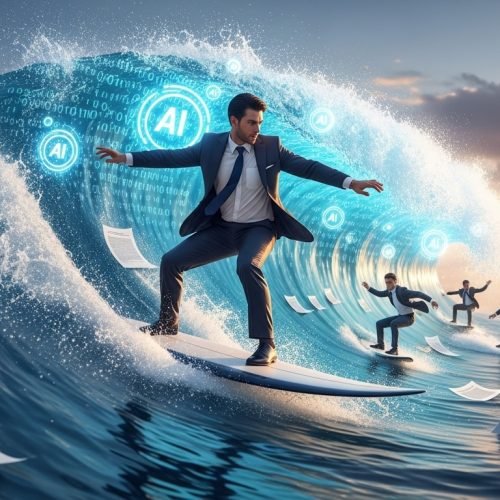 Photorealistic image of a lawyer in a complete formal suit and tie, successfully surfing a giant glowing digital wave made of binary code and AI symbols. Behind him, other lawyers in suits are wiping out and falling off smaller waves. The ocean is made of legal documents and contracts. Dramatic action shot, water splashing, sunset colors, ultra detailed 8K, cinematic composition, metaphorical business photography.